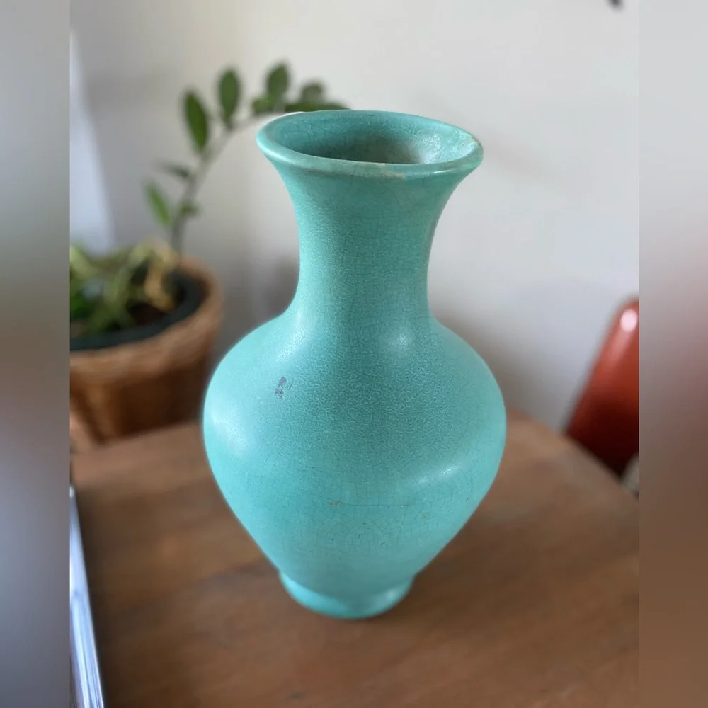 Large Weller Pottery Evergreen/Turquoise Vase Satin Matt Green 12” Vintage